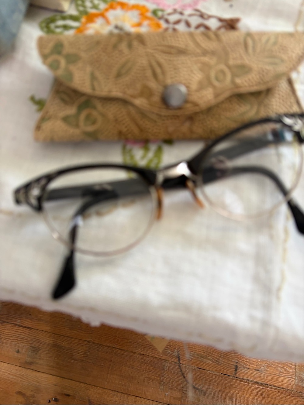 Vintage Black and Clear Cat-Eye Glasses with rhinestones and case